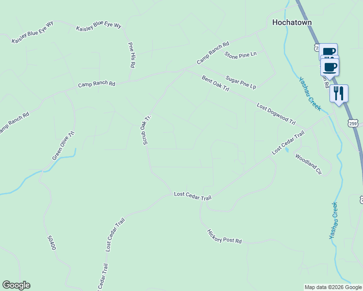 map of restaurants, bars, coffee shops, grocery stores, and more near Oak Stone Ln in Broken Bow