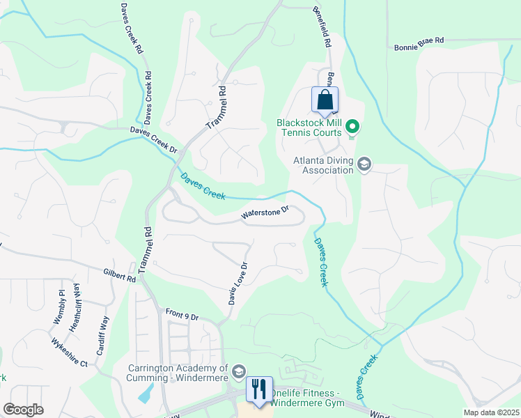 map of restaurants, bars, coffee shops, grocery stores, and more near 2875 Waterstone Drive in Cumming