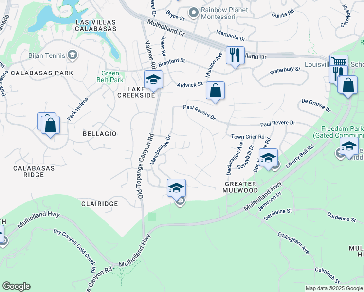 map of restaurants, bars, coffee shops, grocery stores, and more near 4107 Pine Hollow Road in Calabasas
