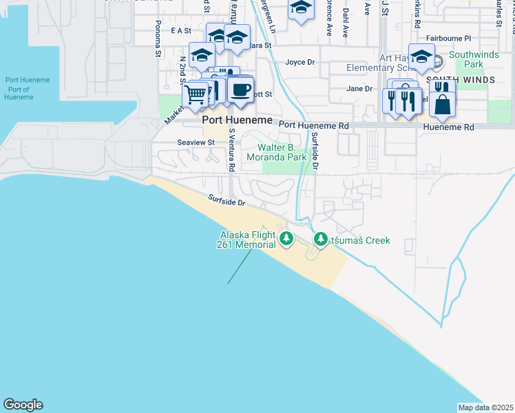 map of restaurants, bars, coffee shops, grocery stores, and more near 371 East Surfside Drive in Port Hueneme
