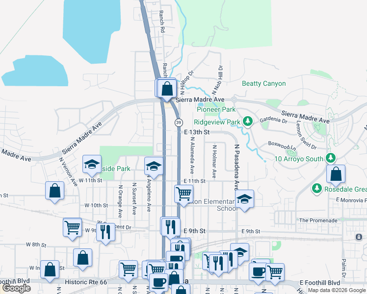 map of restaurants, bars, coffee shops, grocery stores, and more near 1176 North Azusa Avenue in Azusa