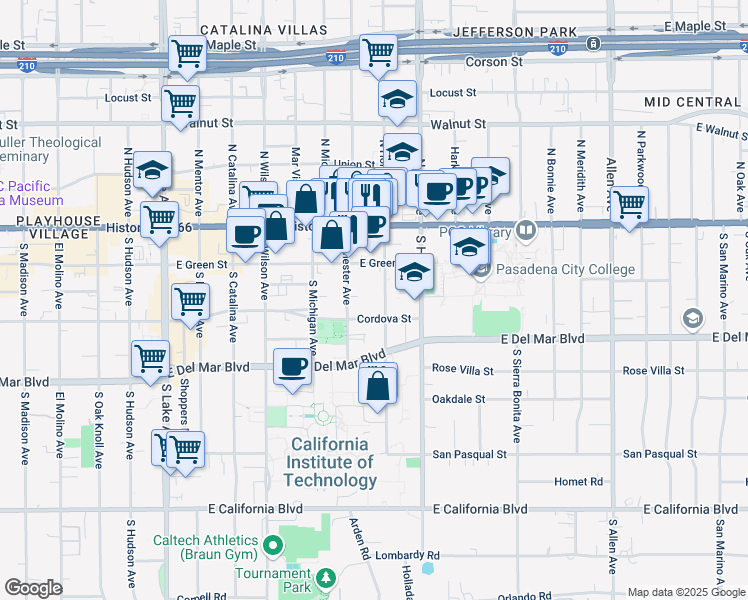 map of restaurants, bars, coffee shops, grocery stores, and more near 1299 Cordova Street in Pasadena