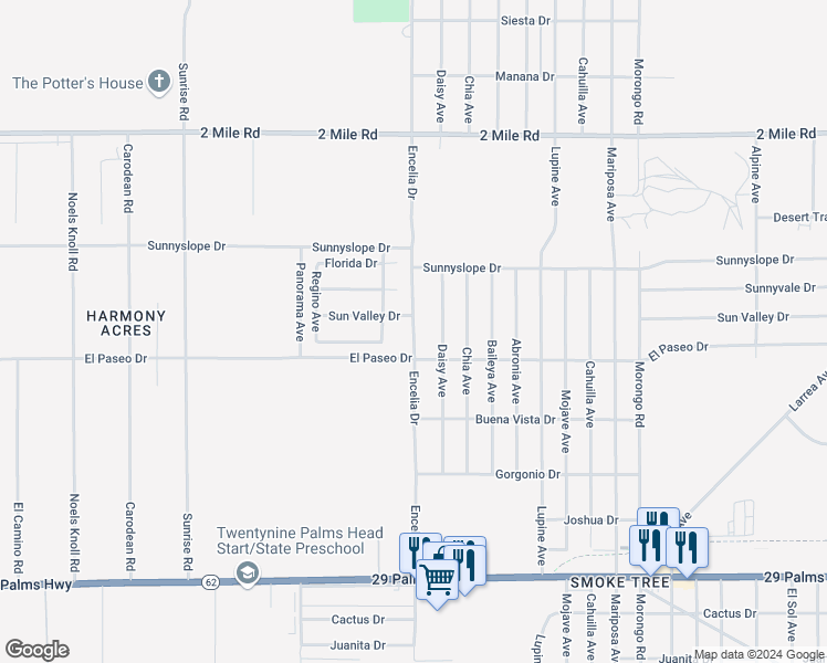 map of restaurants, bars, coffee shops, grocery stores, and more near 6091 Encelia Avenue in Twentynine Palms