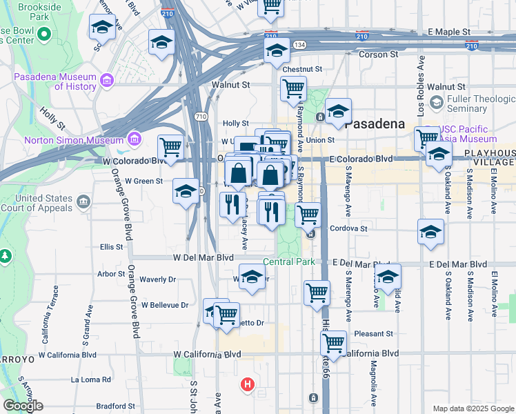 map of restaurants, bars, coffee shops, grocery stores, and more near 50 West Dayton Street in Pasadena