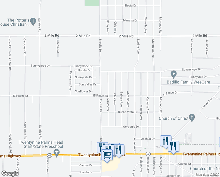 map of restaurants, bars, coffee shops, grocery stores, and more near 6051 Daisy Avenue in Twentynine Palms
