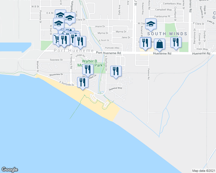 map of restaurants, bars, coffee shops, grocery stores, and more near 542 Ebbtide Circle in Port Hueneme
