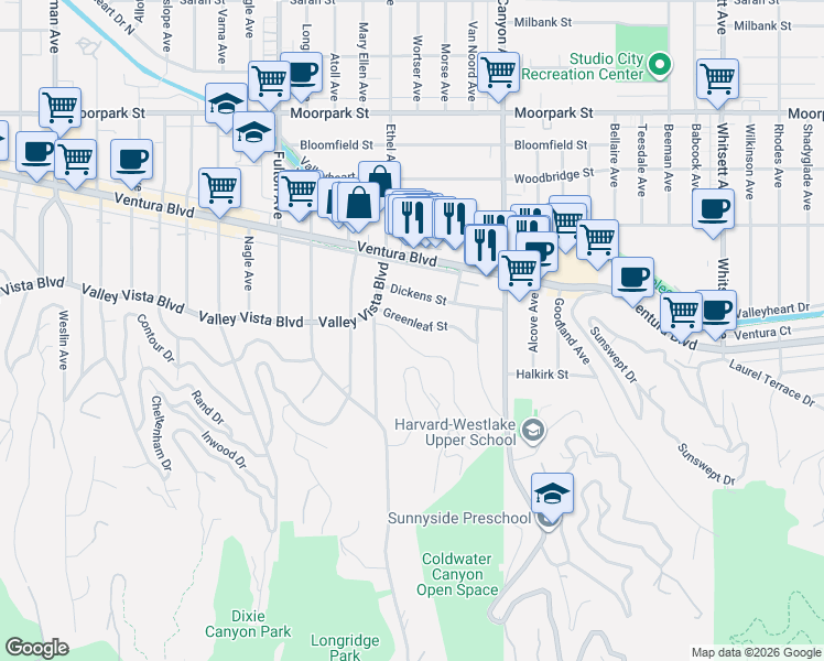 map of restaurants, bars, coffee shops, grocery stores, and more near 13038 Greenleaf Street in Los Angeles