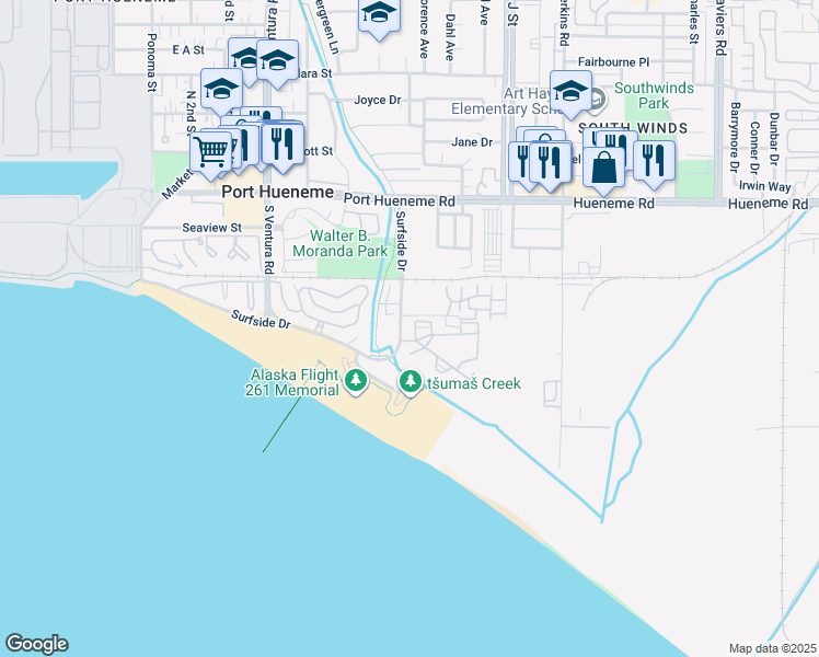 map of restaurants, bars, coffee shops, grocery stores, and more near 542 Ebbtide Circle in Port Hueneme