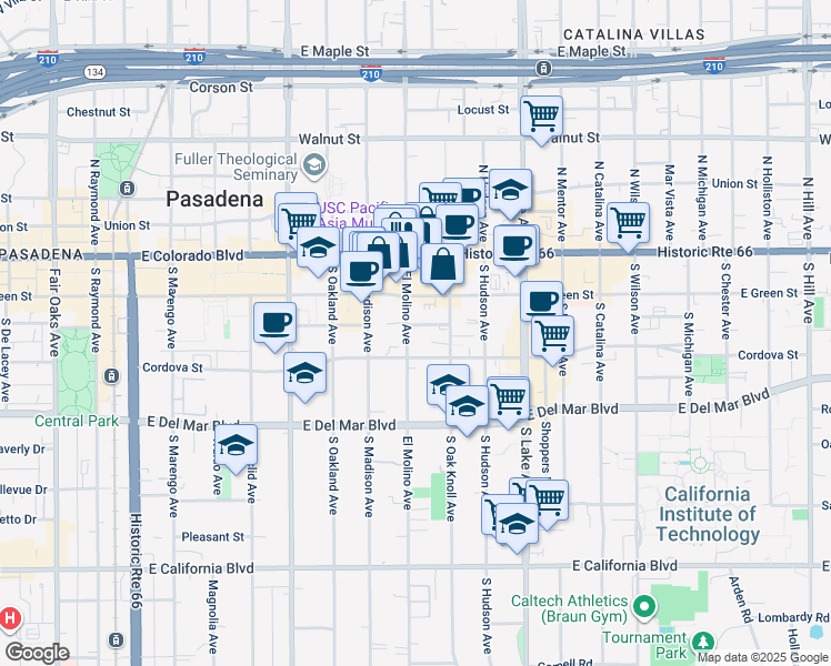 map of restaurants, bars, coffee shops, grocery stores, and more near 142 South El Molino Avenue in Pasadena