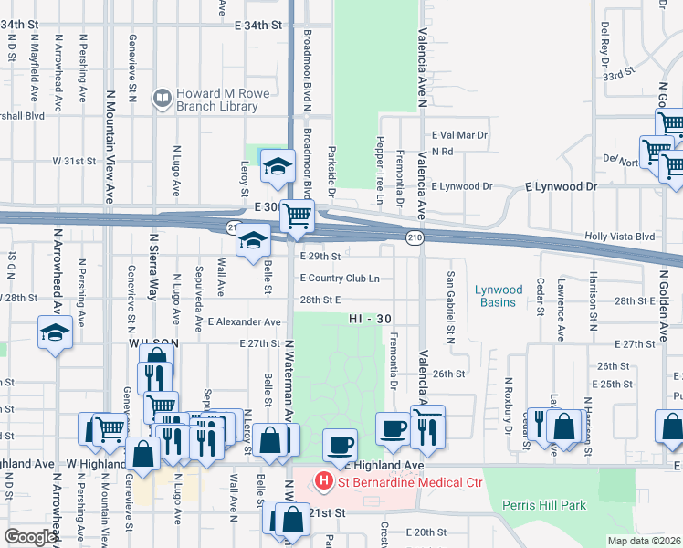map of restaurants, bars, coffee shops, grocery stores, and more near 514 East Country Club Lane in San Bernardino