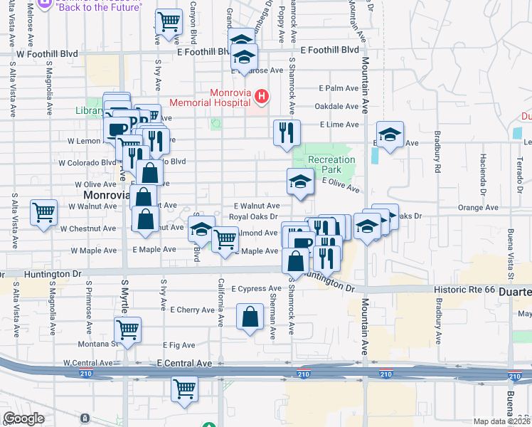map of restaurants, bars, coffee shops, grocery stores, and more near 512 Royal Oaks Drive in Monrovia