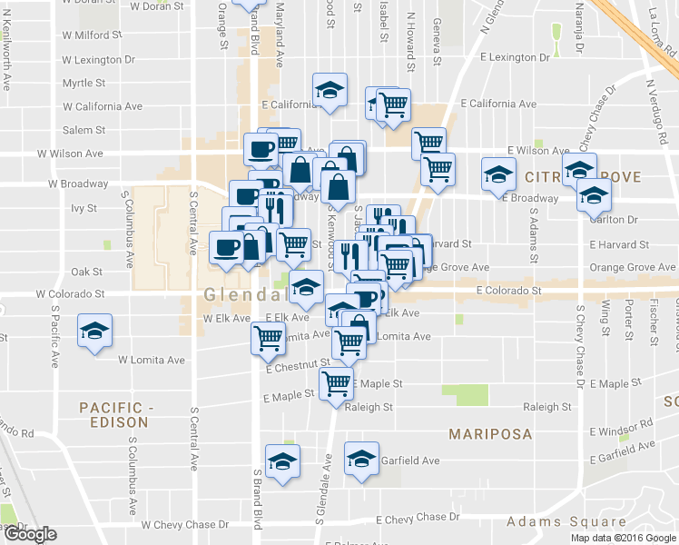 map of restaurants, bars, coffee shops, grocery stores, and more near 228 South Kenwood Street in Glendale