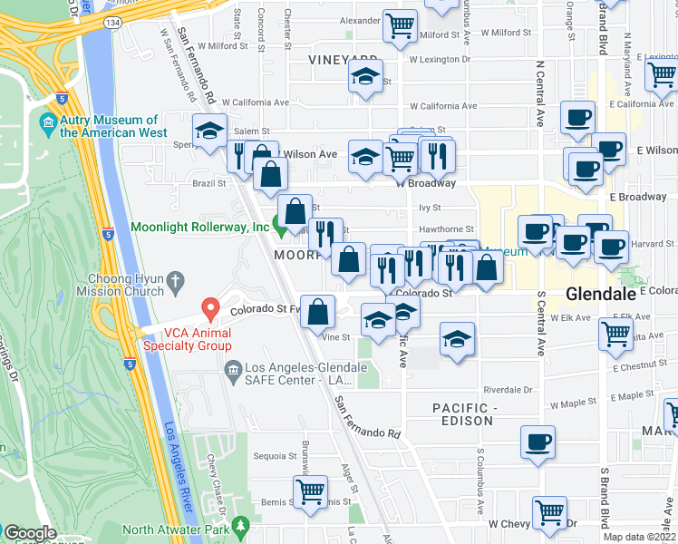 map of restaurants, bars, coffee shops, grocery stores, and more near 205 South Kenilworth Avenue in Glendale