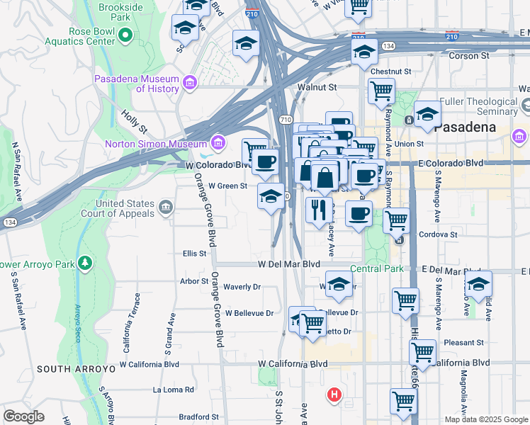 map of restaurants, bars, coffee shops, grocery stores, and more near in Pasadena