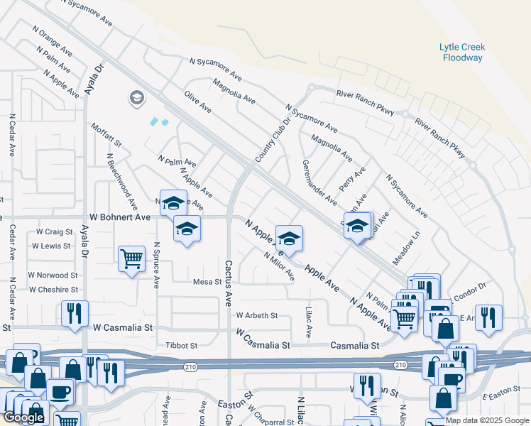 map of restaurants, bars, coffee shops, grocery stores, and more near 2341 North Palm Avenue in Rialto