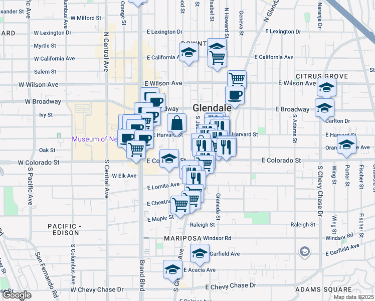 map of restaurants, bars, coffee shops, grocery stores, and more near 228 South Kenwood Street in Glendale