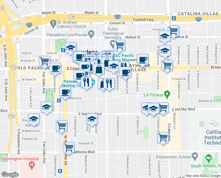 map of restaurants, bars, coffee shops, grocery stores, and more near 157 South Los Robles Avenue in Pasadena