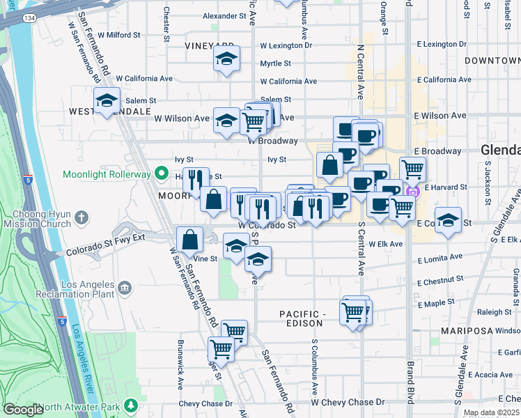 map of restaurants, bars, coffee shops, grocery stores, and more near S Pacific Ave & Oak St in Glendale
