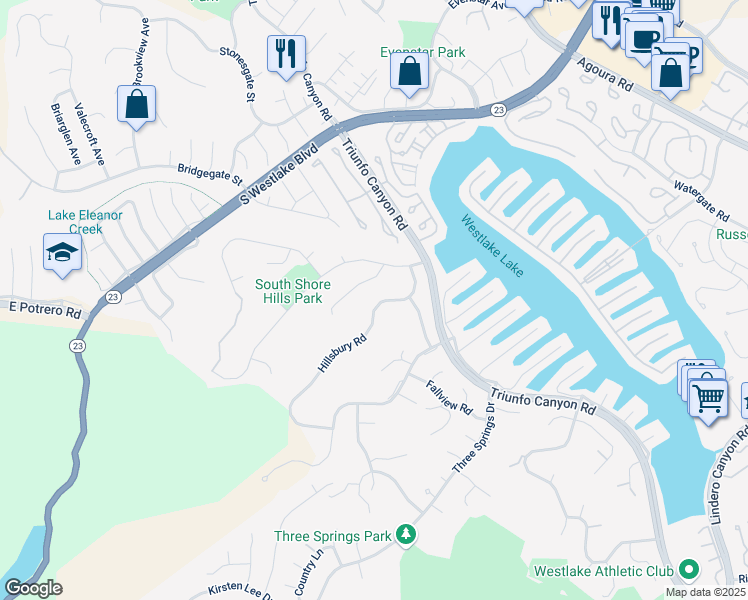 map of restaurants, bars, coffee shops, grocery stores, and more near 2229 Hillsbury Road in Westlake Village