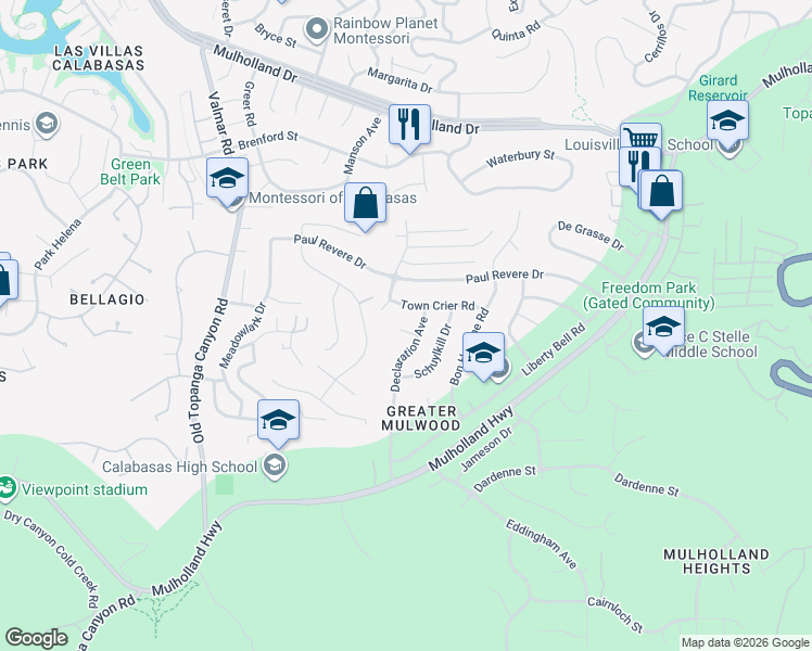 map of restaurants, bars, coffee shops, grocery stores, and more near 22715 America Way in Calabasas