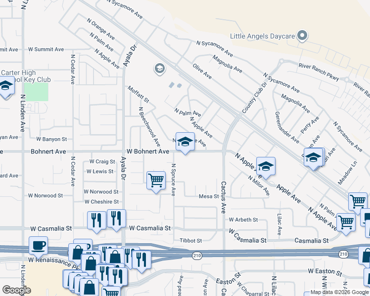 map of restaurants, bars, coffee shops, grocery stores, and more near 858 West Bohnert Avenue in Rialto