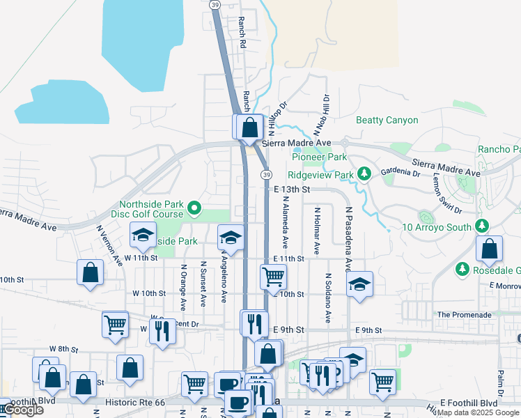 map of restaurants, bars, coffee shops, grocery stores, and more near 1221 North Azusa Avenue in Azusa