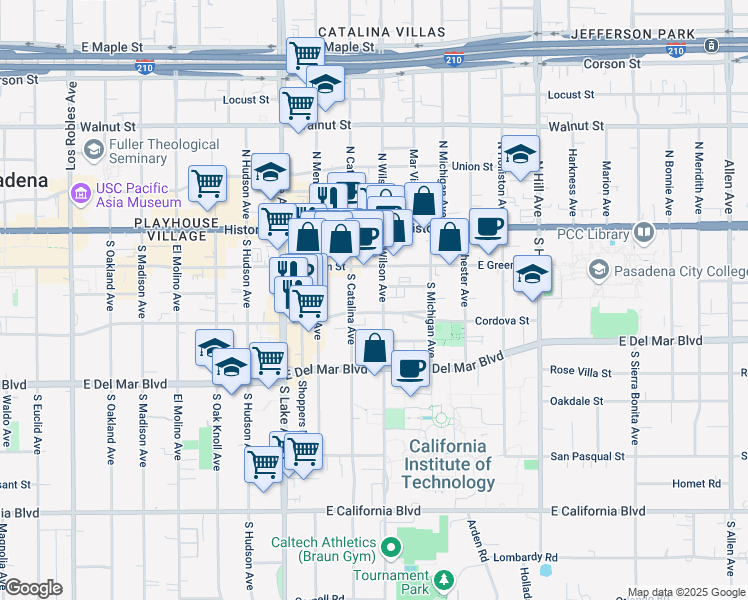 map of restaurants, bars, coffee shops, grocery stores, and more near 137 South Wilson Avenue in Pasadena