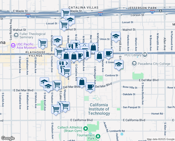 map of restaurants, bars, coffee shops, grocery stores, and more near 1115 Cordova Street in Pasadena