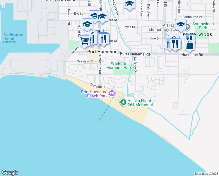 map of restaurants, bars, coffee shops, grocery stores, and more near 352 East Surfside Drive in Port Hueneme