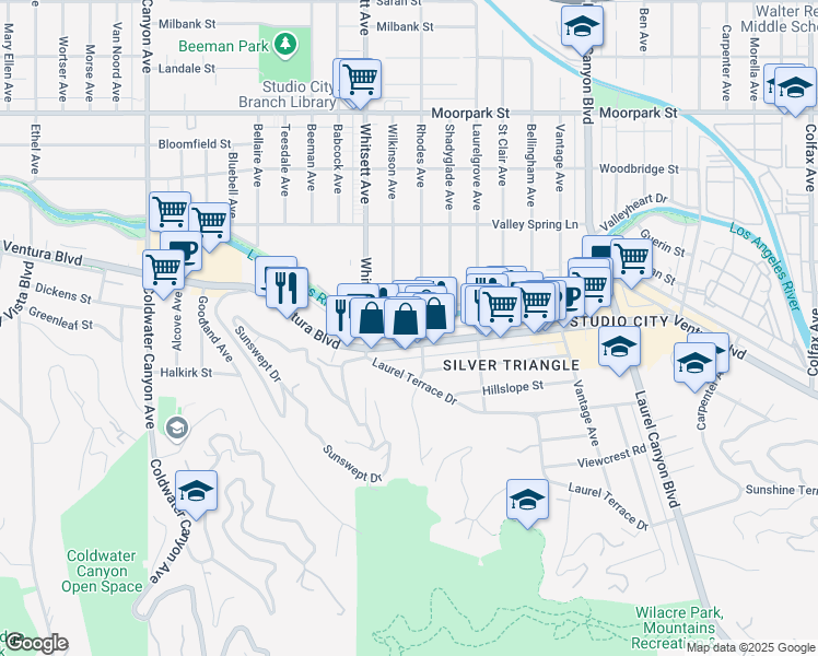 map of restaurants, bars, coffee shops, grocery stores, and more near 12427 Ventura Boulevard in Los Angeles