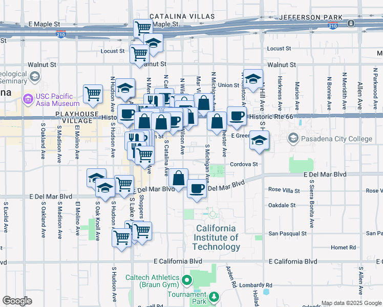 map of restaurants, bars, coffee shops, grocery stores, and more near 1115 Cordova Street in Pasadena