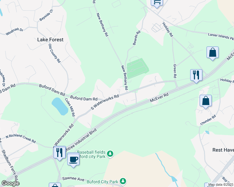 map of restaurants, bars, coffee shops, grocery stores, and more near 2850 South Waterworks Road in Buford