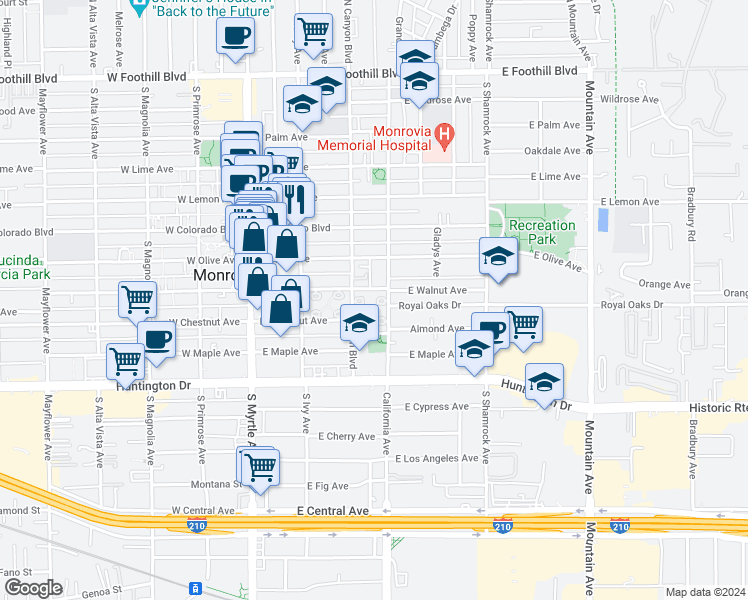 map of restaurants, bars, coffee shops, grocery stores, and more near 815 South California Avenue in Monrovia