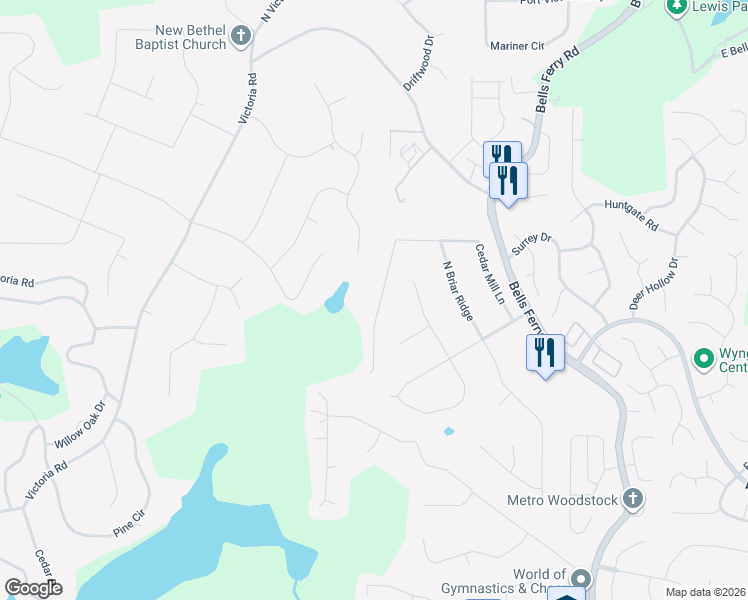 map of restaurants, bars, coffee shops, grocery stores, and more near 262 Cedar Mill Lane in Woodstock