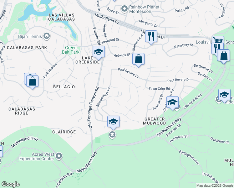 map of restaurants, bars, coffee shops, grocery stores, and more near 4107 Pine Hollow Road in Calabasas