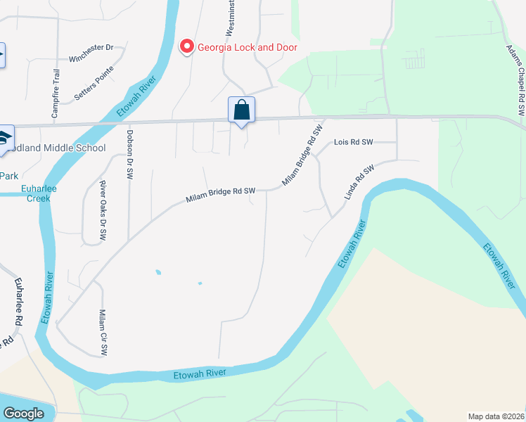 map of restaurants, bars, coffee shops, grocery stores, and more near 83 Milam Bridge Road Southwest in Euharlee