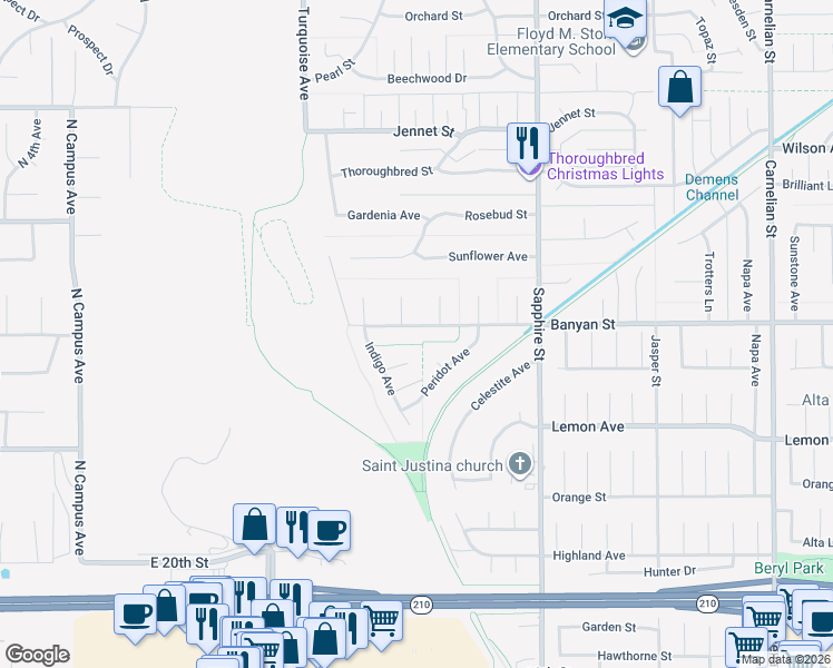 map of restaurants, bars, coffee shops, grocery stores, and more near 8093 Banyan Street in Rancho Cucamonga