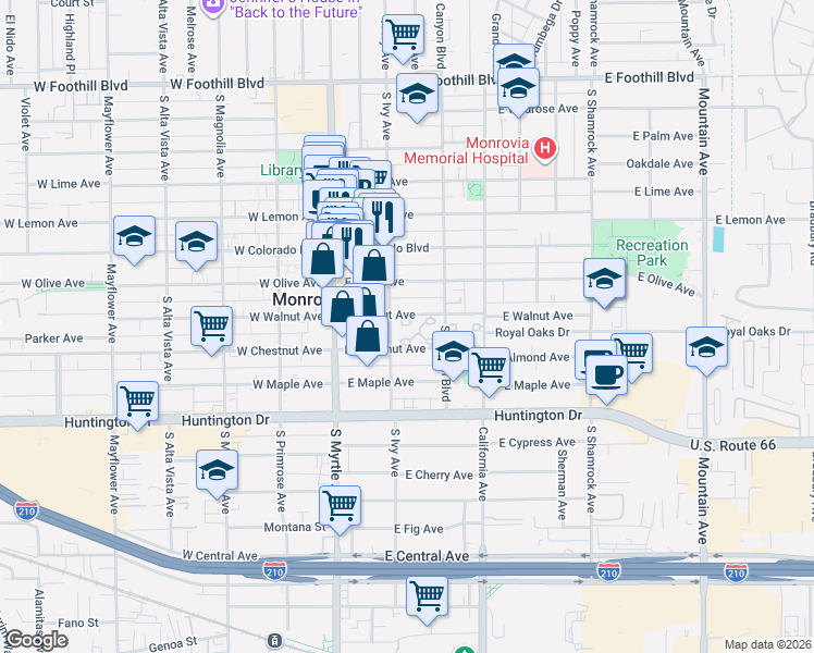 map of restaurants, bars, coffee shops, grocery stores, and more near 210 East Walnut Avenue in Monrovia