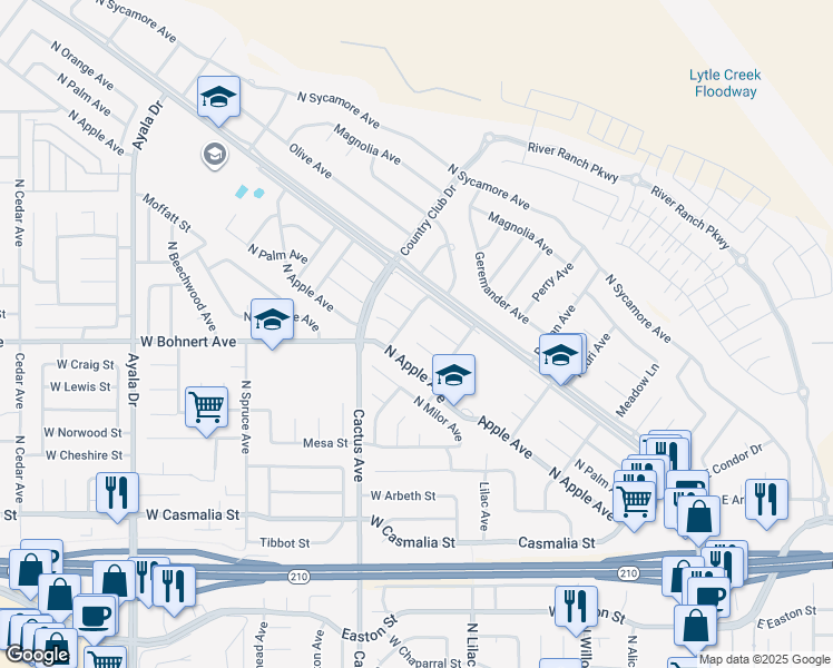 map of restaurants, bars, coffee shops, grocery stores, and more near 2341 North Palm Avenue in Rialto