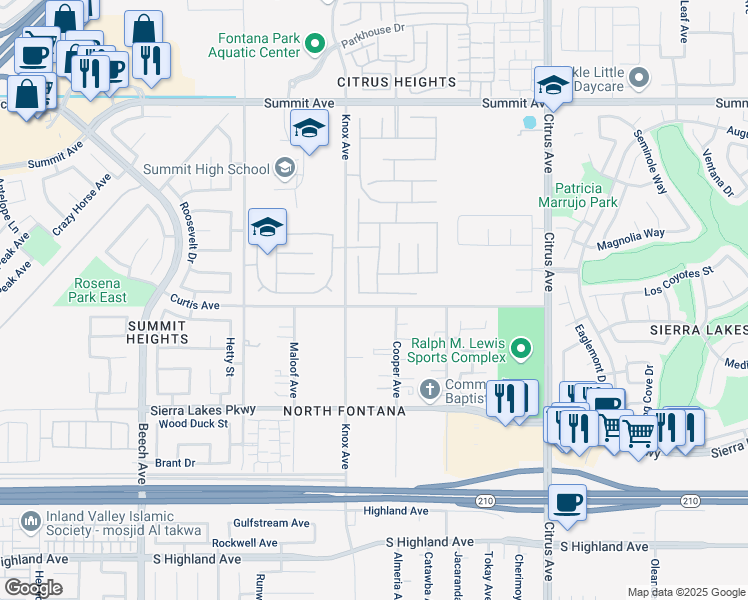 map of restaurants, bars, coffee shops, grocery stores, and more near 6110 Cooper Avenue in Fontana