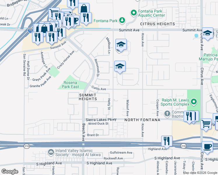 map of restaurants, bars, coffee shops, grocery stores, and more near 6113 Lytle Creek Road in Fontana