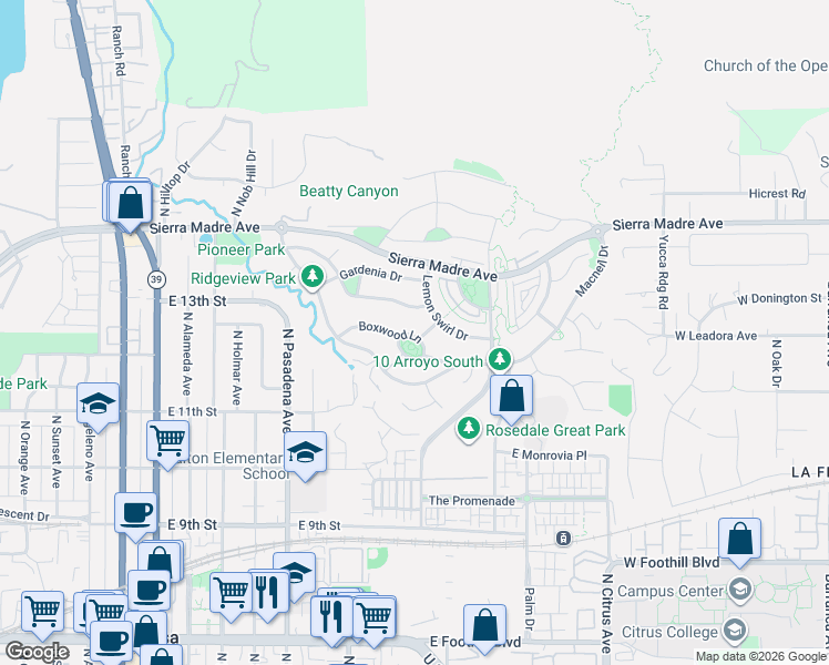 map of restaurants, bars, coffee shops, grocery stores, and more near 671 Boxwood Lane in Azusa