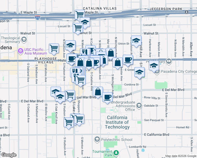 map of restaurants, bars, coffee shops, grocery stores, and more near 151 South Wilson Avenue in Pasadena