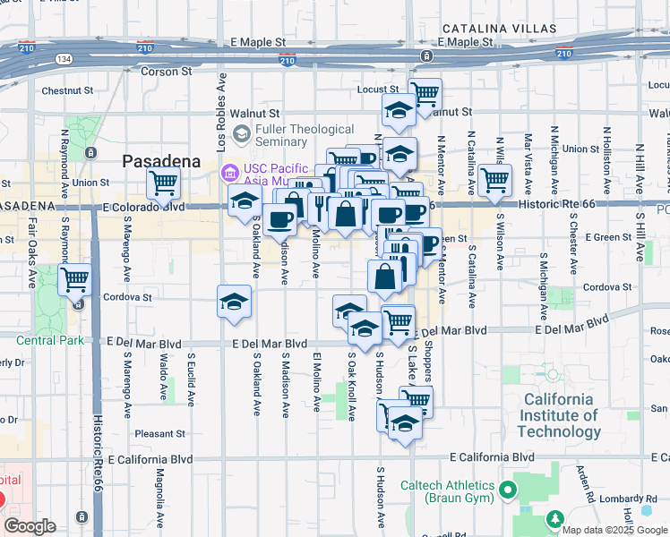 map of restaurants, bars, coffee shops, grocery stores, and more near 161 South Oak Knoll Avenue in Pasadena