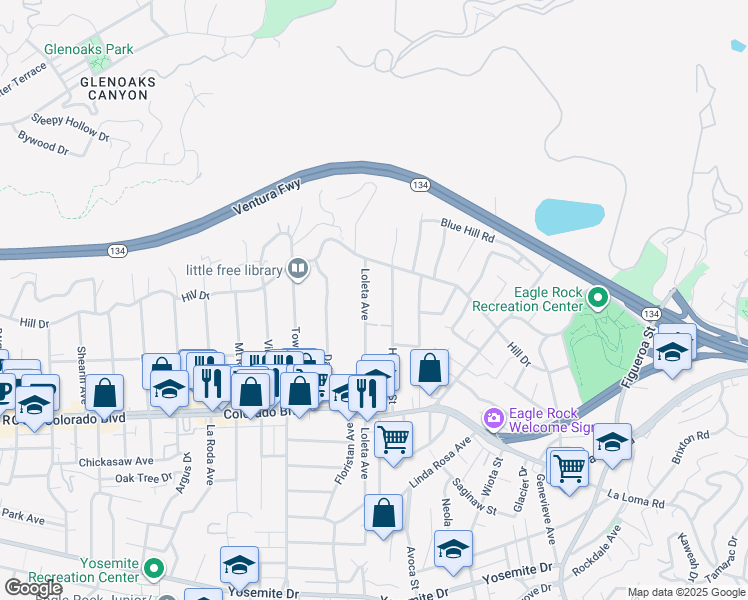 map of restaurants, bars, coffee shops, grocery stores, and more near 5263 Loleta Avenue in Los Angeles