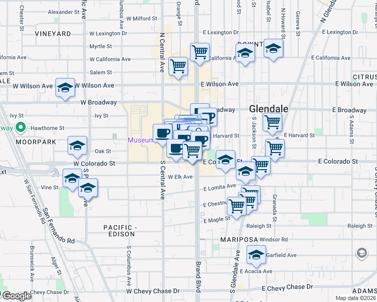 map of restaurants, bars, coffee shops, grocery stores, and more near in Glendale