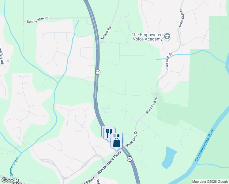 map of restaurants, bars, coffee shops, grocery stores, and more near 2800 Pruitt Road in Cumming