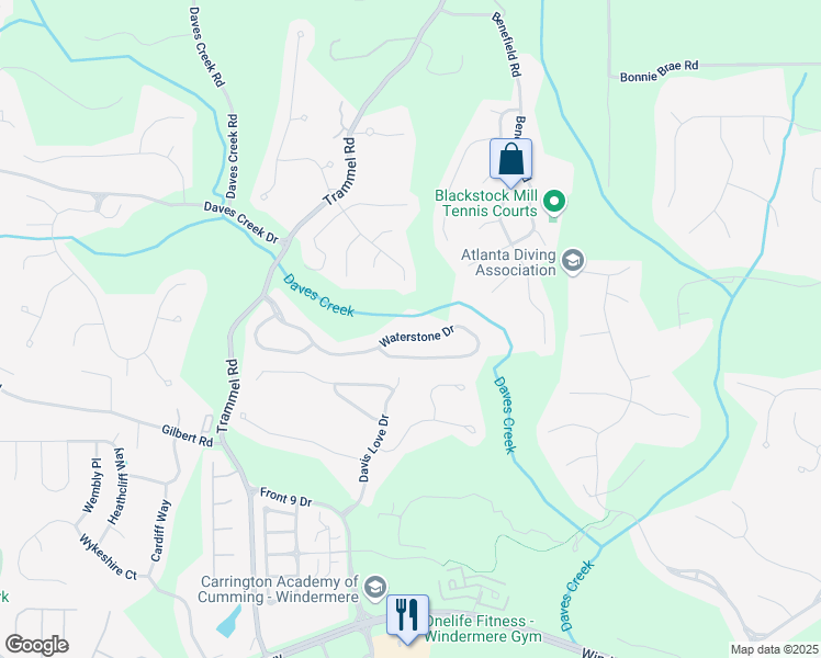 map of restaurants, bars, coffee shops, grocery stores, and more near 2875 Waterstone Drive in Cumming