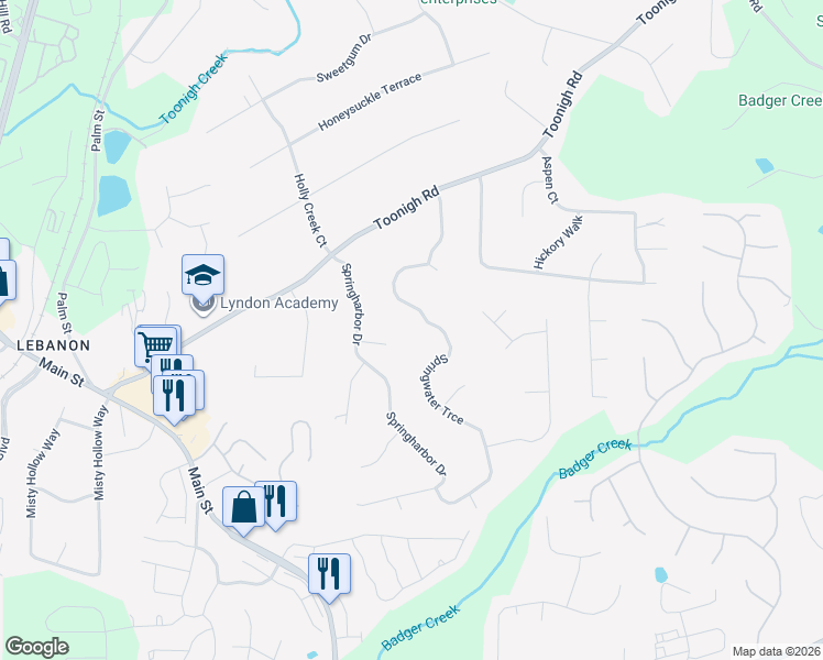 map of restaurants, bars, coffee shops, grocery stores, and more near 130 Springwater Trce in Woodstock