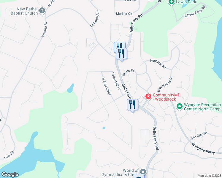 map of restaurants, bars, coffee shops, grocery stores, and more near 310 North Briar Ridge in Woodstock